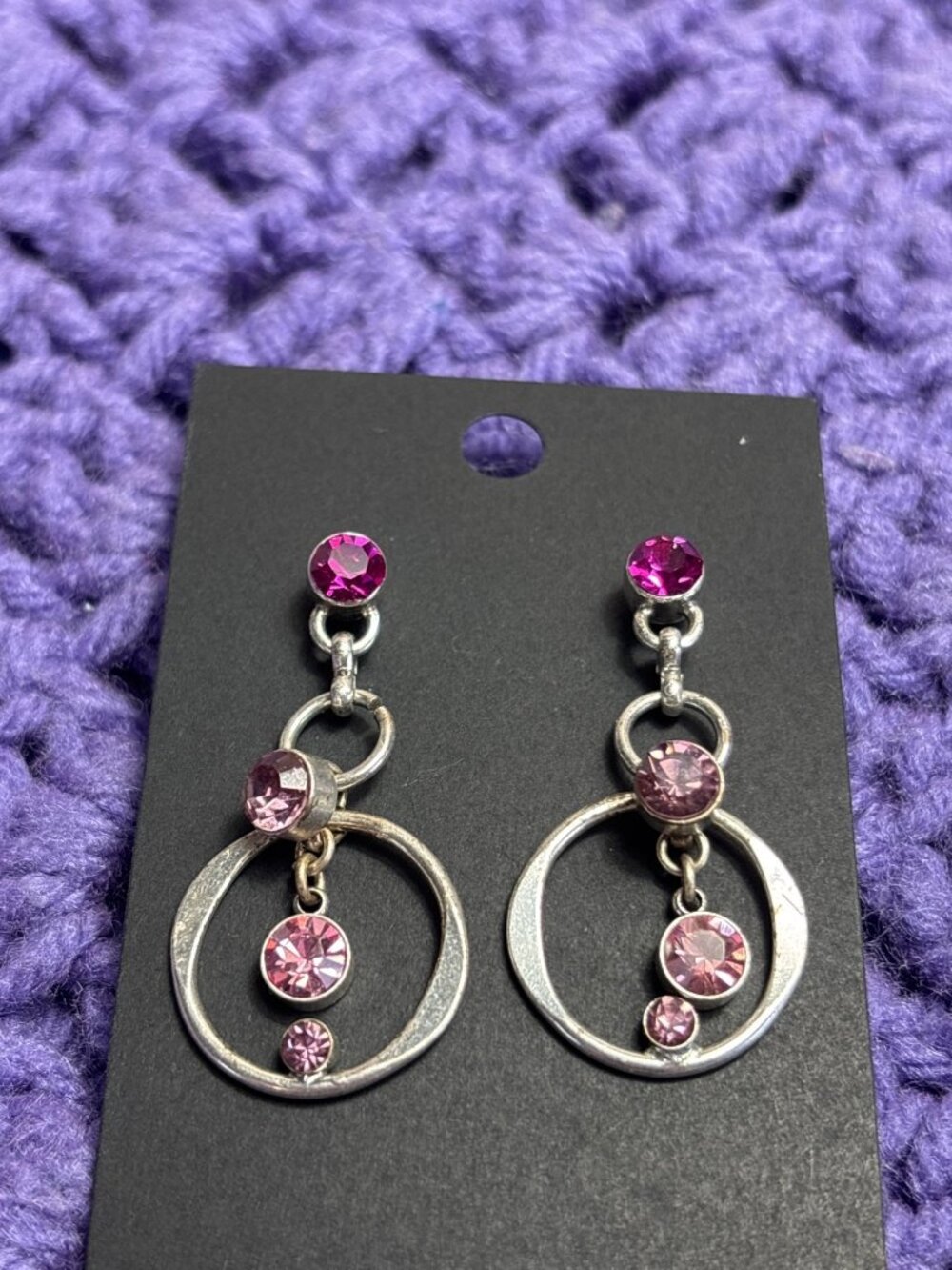 2 Tone Pink Rhinestone Silvertone Circles Dangle Earrings 1.5 inches